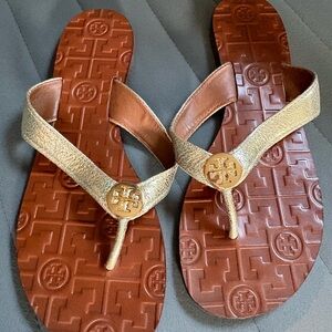 Tory Burch Gold Leather Logo Thong Sandals with Brown Footbed